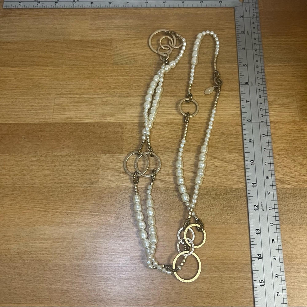Chicos irregulars faux pearl gold tone circle hoops long lanyards wrap necklace - Picture 5 of 5